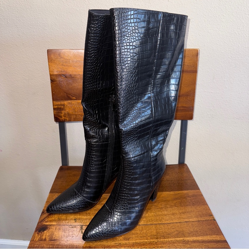 NWOT Black Croc-Embossed Almost up to Knee-High Boots